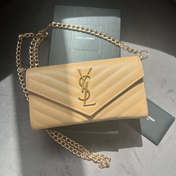 Beige Yves Saint Laurent Cassandre Envelope Flap Wallet on Chain - Picture 1 of 15